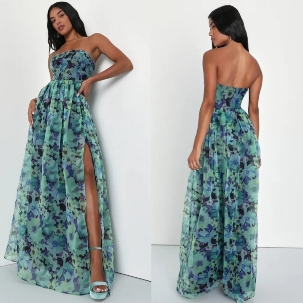 Lulus Wonderful Waltz Green Floral Strapless Bustier Maxi Dress Party Wedding